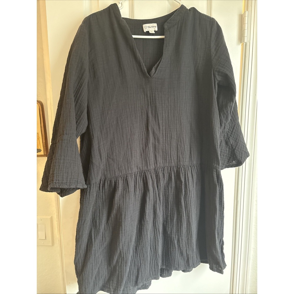The Drop Women's Black Long‎ Sleeve V-Neck Tiered Midi Dress Size S 100 % Cotton